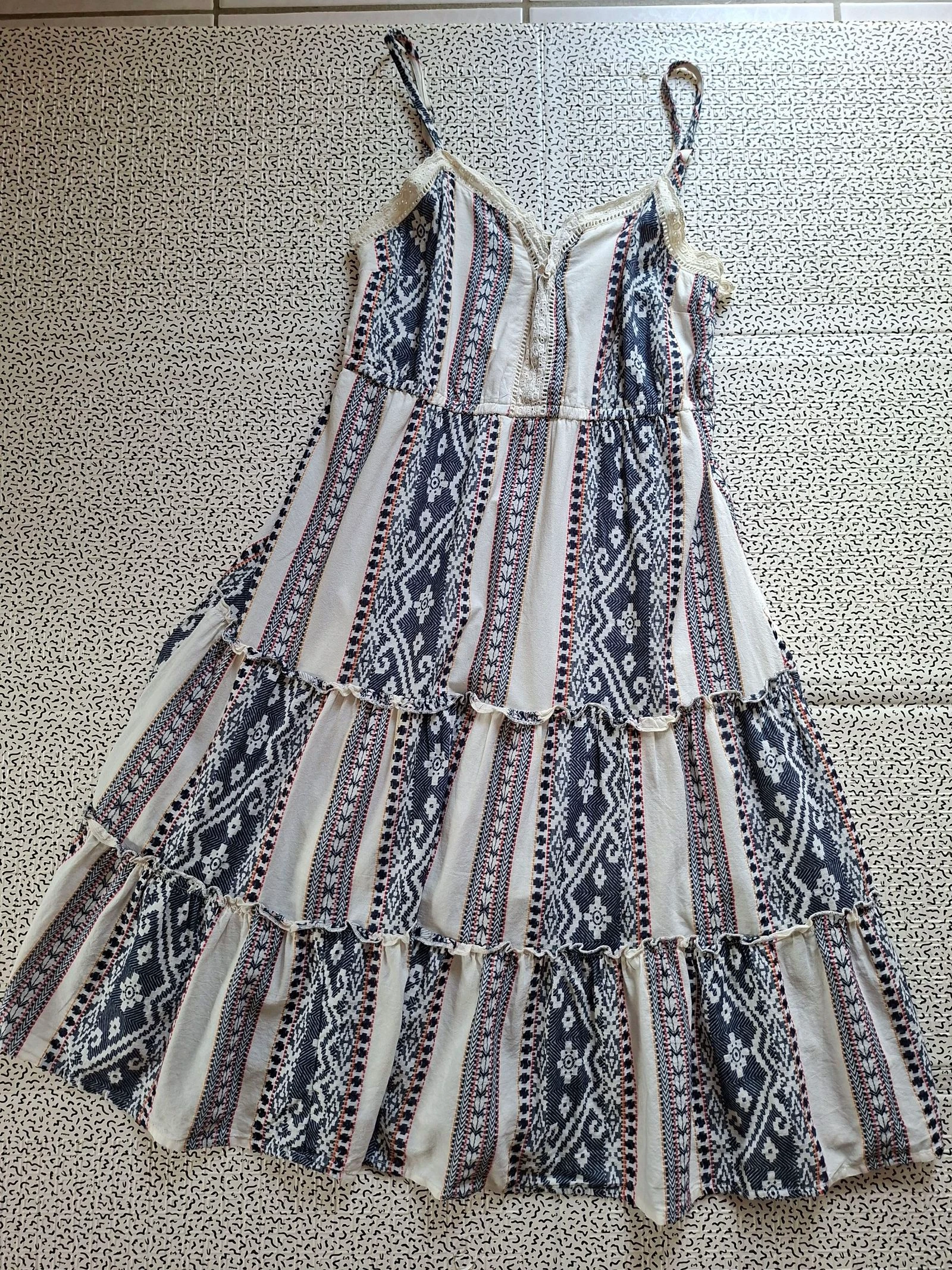 Vestido longo boêmio Yessica C&A T44 algodão cru azul alças ajustáveis forrado verão – photo 3